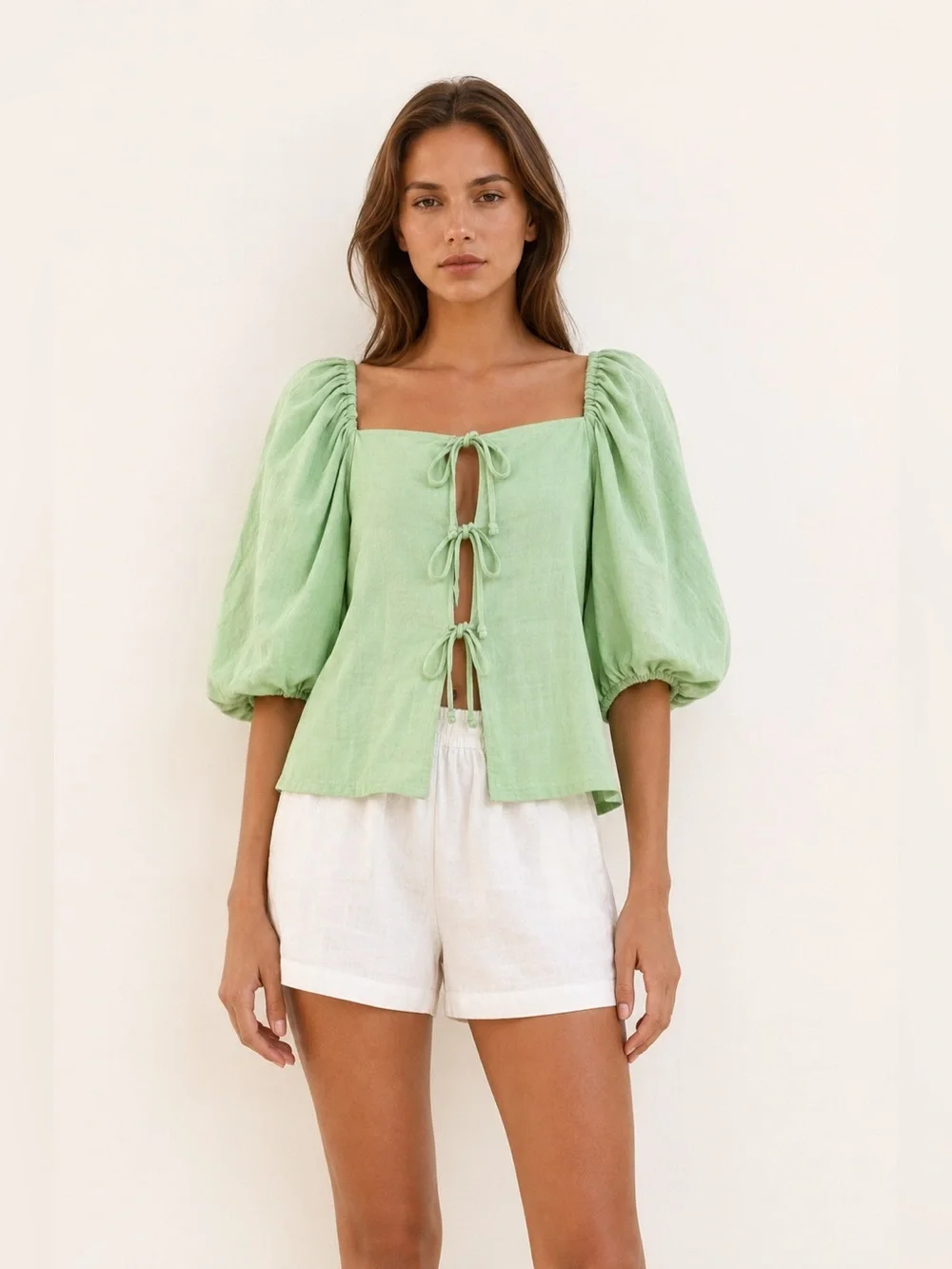 Cult Gaia Mint Green Tie Front Puff Sleeve Top Size S